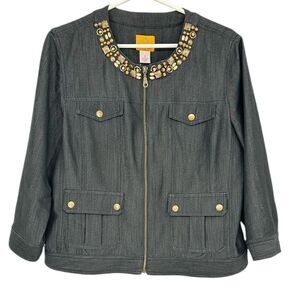 Ruby Rd. Embellished Black Denim Jacket Zip Front Beaded Accents Women's‎ SZ 12